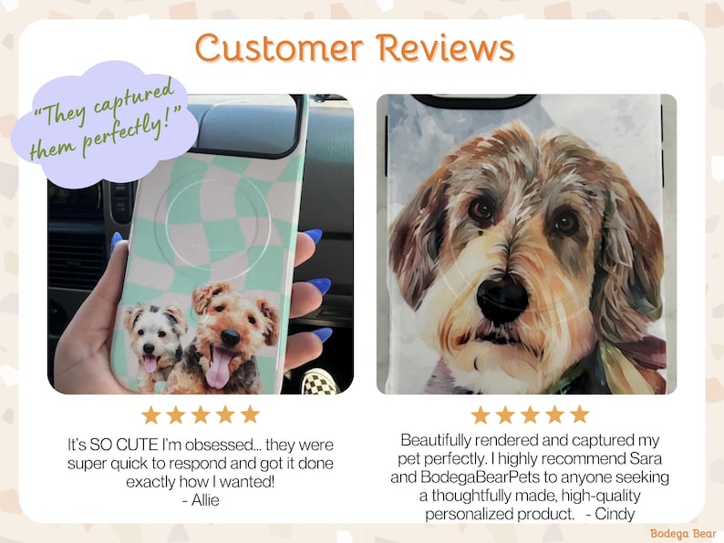 Shop Reviews giving five stars in the words of the customers - the phone case "turned out so cute!" and "They captured them perfectly!"