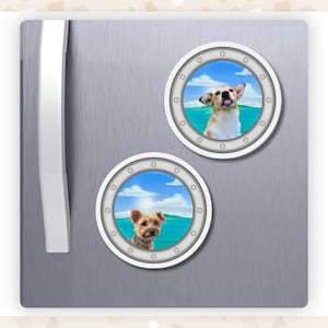 A grey fridge featuring two custom photo porthole magnets of small dogs against a seascape background.