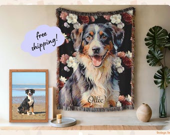 Custom Pet Portrait Blanket, Floral Woven Throw, Personalized Dog Art Gift