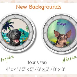 New Tropical and Alaska Backgrounds. Two personalized custom pet portrait cruise magnets with a background of blue sea and tropical palm trees at sunset and the northern lights in Alaska. One shows a black Labrador smiling from inside the porthole. The other has a Chihuahua with the name Mango in purple cursive above. Available in five sizes: four, five, six, or eight inch. Little blonde dog in a cowboy hat comments in the corner: So cool!