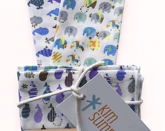DESCONTINUADO - Juego de 2 pañuelos de algodón con diseño de ballenas y elefantes / Pañuelos pequeños reutilizables para niños