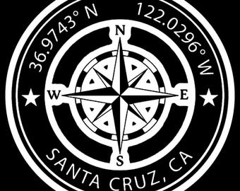 Santa Cruz, California Geographical Coordinates Window Water Bottle Bumper Sticker Decal 3”