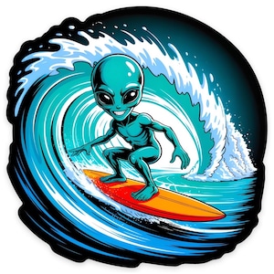 May include: A teal alien surfing on an orange surfboard, with a large wave in the background. The alien has a smiling expression and is positioned in front of a crashing wave. The background is a gradient of blues and black.