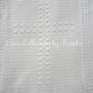 A crochet baby blanket pattern featuring a center cross design accented with a beautiful border. Easy crochet stitches. Pattern has been professionally edited. Finished size is about 28 by 32 inches. Perfect to crochet for a newborn or as a gift.