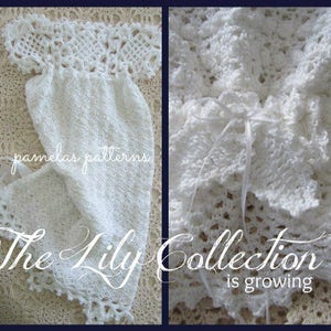 May include: Four close-up images of white crocheted fabric. The fabric is delicate and intricate, with a variety of patterns. The text "The Lily Collection is growing" is visible in the bottom right corner of the image.