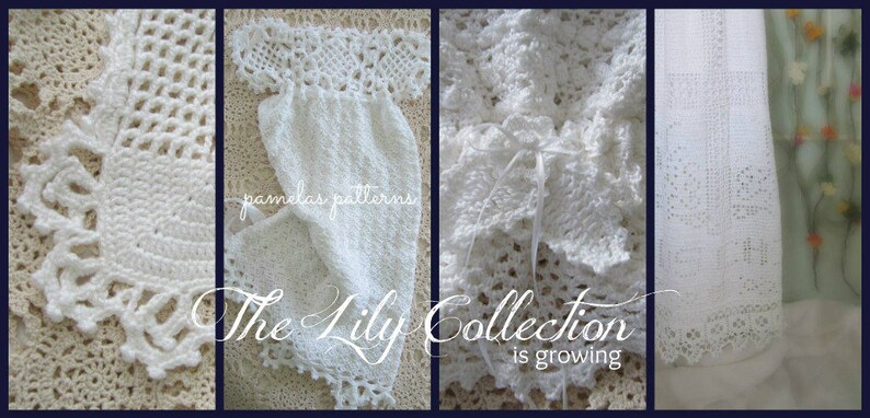May include: Four close-up images of white crocheted fabric. The fabric is delicate and intricate, with a variety of patterns. The text "The Lily Collection is growing" is visible in the bottom right corner of the image.