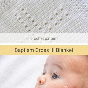 A crochet baby blanket pattern featuring a center cross design accented with a beautiful border. Easy crochet stitches. Pattern has been professionally edited. Finished size is about 28 by 32 inches. Perfect to crochet for a newborn or as a gift.