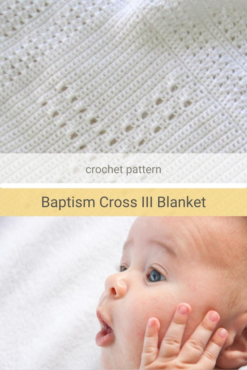 A crochet baby blanket pattern featuring a center cross design accented with a beautiful border. Easy crochet stitches. Pattern has been professionally edited. Finished size is about 28 by 32 inches. Perfect to crochet for a newborn or as a gift.