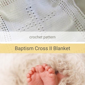 A crochet baby blanket pattern featuring a center cross design accented with a beautiful border. Easy crochet stitches. Pattern has been professionally edited. Finished size is about 24 by 30 inches. Perfect to crochet for your newborn or as a gift.