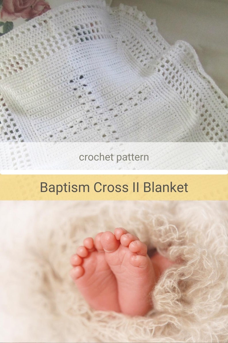 A crochet baby blanket pattern featuring a center cross design accented with a beautiful border. Easy crochet stitches. Pattern has been professionally edited. Finished size is about 24 by 30 inches. Perfect to crochet for your newborn or as a gift.