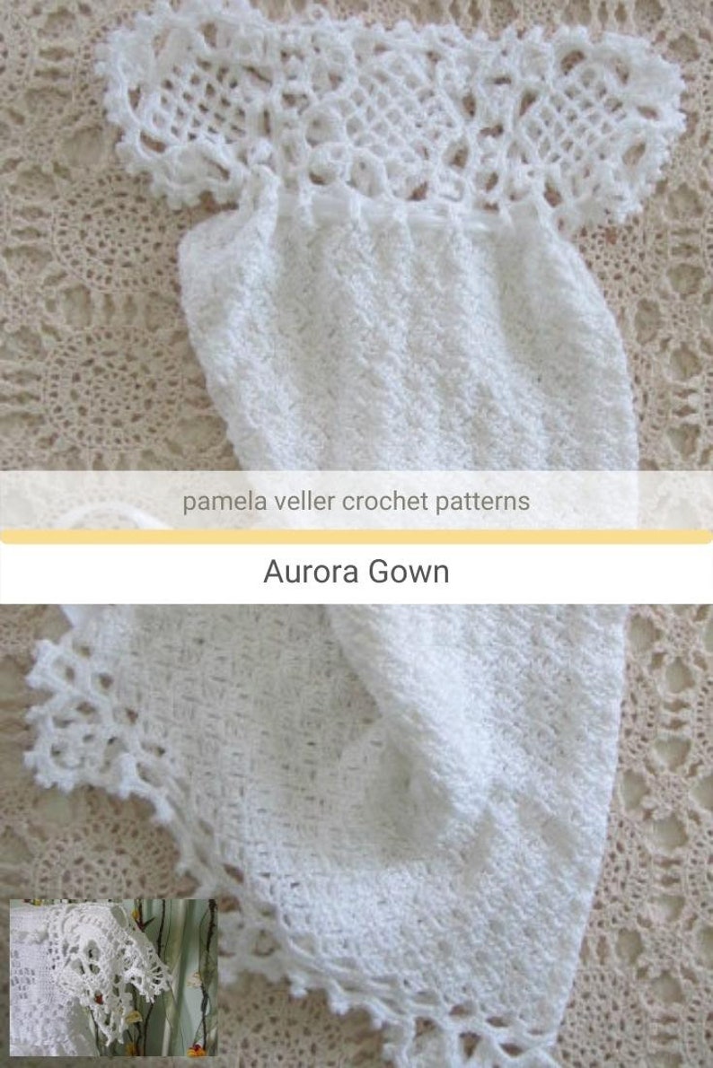 Crochet Gown Pattern. Vintage inspired granny square bodice, flowing skirt with delicate lacey edge to skirt. Soft white cotton thread number 3 used throughout. See matching crochet blanket pattern Aurora blanket.