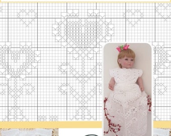 Filet Lace Crochet BABY HEARTS DRESS, patrón pdf, Patrón de vestido de fiesta - Bebé a niño pequeño- Habilidad fácil a intermedia