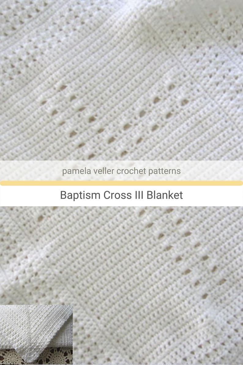 Crochet pattern designed with a Cross in the center and and open work border. White shimmering soft yarn. Design is unisex and perfect for gift of Baptism or Christening event.