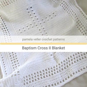 Crochet Blanket Pattern featuring center cross and elegant corners in two final rows of puff stitch. White soft yarn is recommended through color and yarn choice is yours.