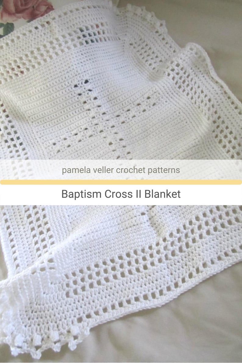 Crochet Blanket Pattern featuring center cross and elegant corners in two final rows of puff stitch. White soft yarn is recommended through color and yarn choice is yours.