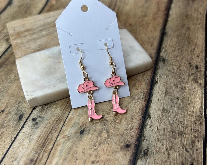Pink Cowgirl Hat+Boots Earrings