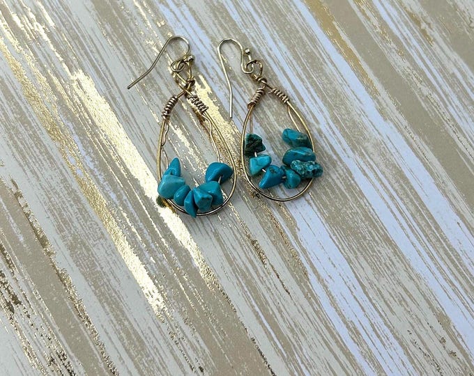 Gold and Turquoise Stone Hoop Earrings