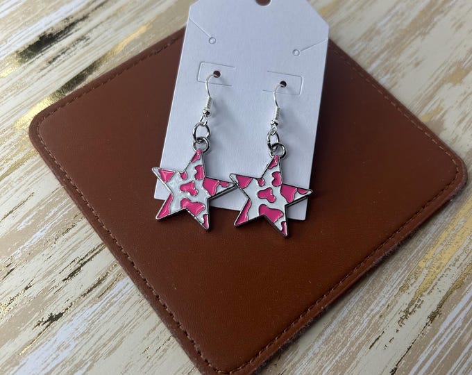 Pink Cow Print Star Earrings