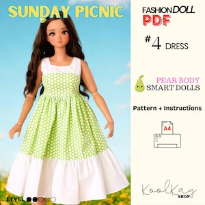 Op de afbeelding: Een pop draagt een groen-witte polkadotjurk met een witte lijfje en een gezoomde zoom. De afbeelding bevat tekst: "SUNDAY PICNIC", "FASHION DOLL PDF #4 DRESS", "PEAR BODY SMART DOLLS" en "Pattern + Instructions".