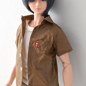 Puede incluir: Muñeca con cabello azul que lleva una camisa de manga corta a cuadros marrón y negro sobre una camiseta blanca. La camisa tiene un pequeño bolsillo con un diseño rojo y blanco. La muñeca también lleva pantalones grises claros.