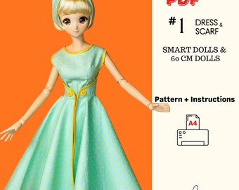 PDF Sewing Retro Darling Dress and Headscarf for Smart Doll & BJD 60 cm