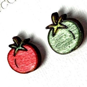 Hand-Painted Tomato Earrings: Mismatched Wooden Studs, Hypoallergenic