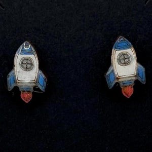 Handmade Rocket Ship Stud Earrings: Wood and Resin, Space Theme