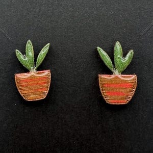 Potted Plant Earrings – Handcrafted Wood and Resin Studs