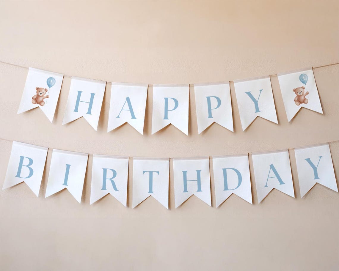 Teddy Bear Happy Birthday Banner, Blue Beary First Minimalist Bunting ...