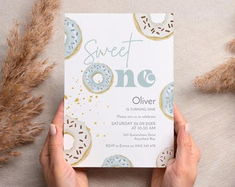 Sweet One First Birthday Invite, Donut 1st Party Invitation, Boys Editable Template (Digital Download)