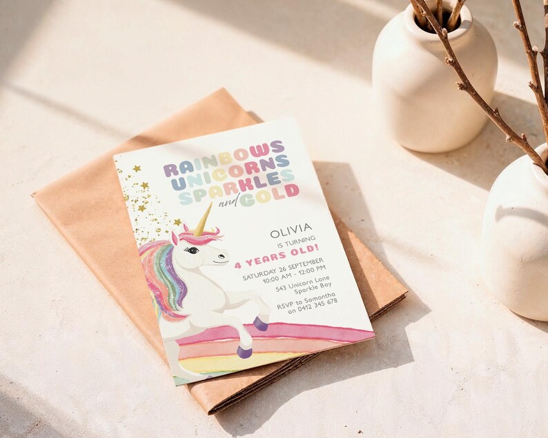 Unicorn Birthday Invitation, Rainbows Unicorns Sparkles and Gold, Girls ...