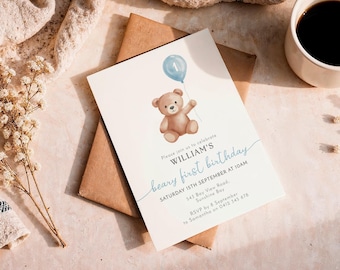 Beary First Birthday Invitation, Teddy Bear 1st Birthday Invite, Boys Minimalist, Editable (Digital Download)