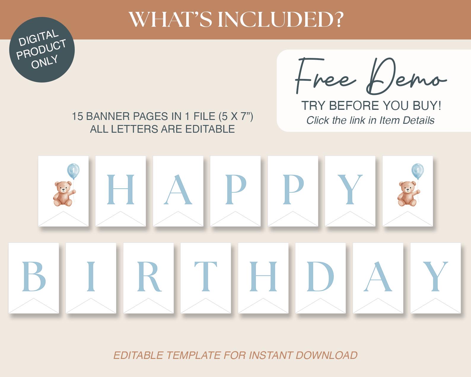 Teddy Bear Happy Birthday Banner, Blue Beary First Minimalist Bunting ...