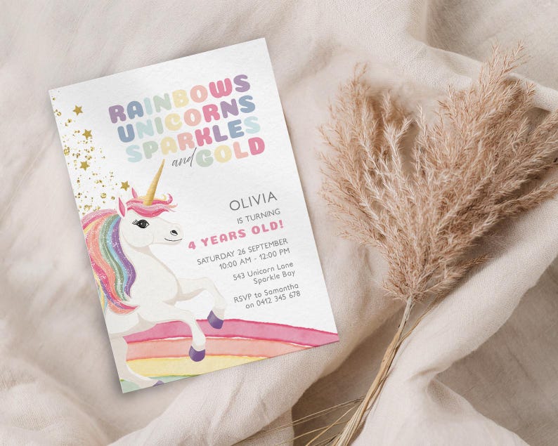 Unicorn Birthday Invitation, Rainbows Unicorns Sparkles and Gold, Girls ...