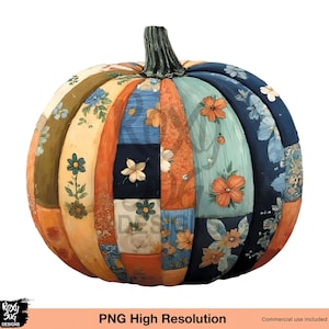 Puede incluir: Una calabaza decorativa con un diseño de patchwork. La calabaza presenta varios patrones de tela en tonos naranja, azul, verde y crema, adornados con motivos florales. El tallo es de color verde oscuro. El texto "PNG High Resolution" es visible.
