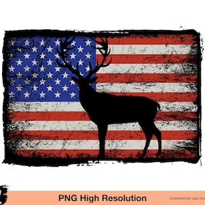 鹿とアメリカ国旗のpng、鹿狩りのpng、愛国的なハンターのpng、鹿のシルエットのpng、風合いのあるアメリカ国旗の昇華デザイン