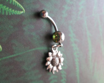 belly ring sun flower and peridot belly button ring navel ring body jewelry piercing