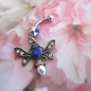 body jewelry blue and crystal dragonfly belly button ring piercing