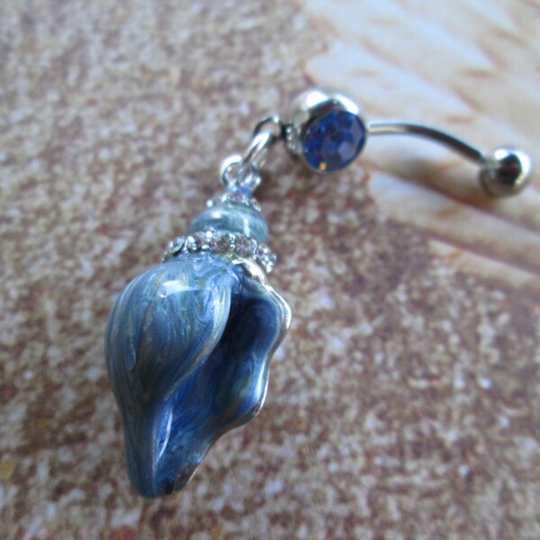 SALE blue glass sea shell with rhinestones belly button ring-body jewelry piercing