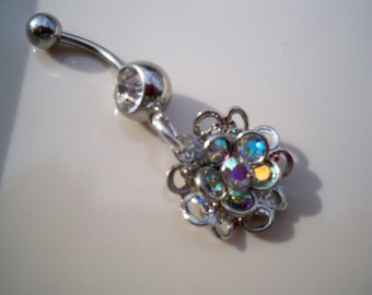 crystal  swavorski filligree flower belly button ring piecing jewelry