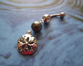 fresh water grey pearl and sand dollar charm belly  button rings, body jewelry piercing