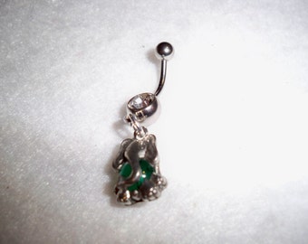 green elephant with crystal stone belly button ring, body jewelry piercing