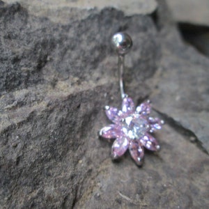 pink and crystal flower belly ring body jewelry piercing