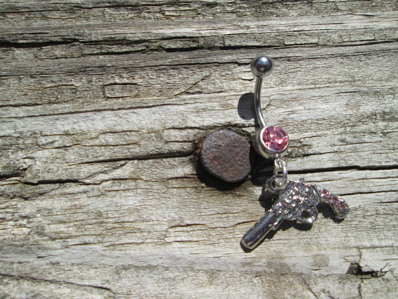 belly button rings pink pistol rhinestone body jewelry belly ring piercing image 1