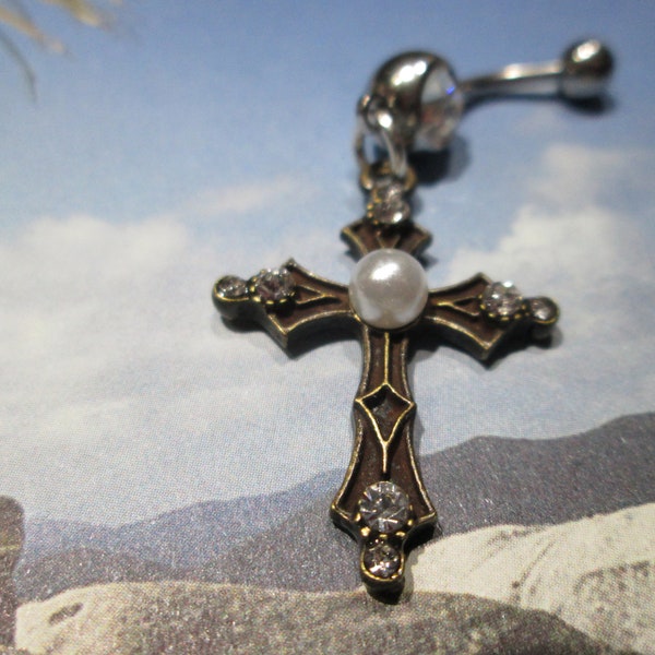 belly button ring cross burnt gold color with rhinestone and glass pearl body jewelry piercings