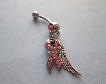 body jewelry pink cancer awareness with angel wing belly button rings