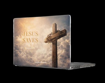 Funda transparente para MacBook con la frase "Jesús salva"
