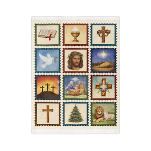 May include: A decorative item with a grid of postage stamp-style squares, each with a watercolour illustration. The images depict religious symbols such as a Bible, chalice, cross, dove, Jesus, and nativity scene. The colour scheme is soft and muted.