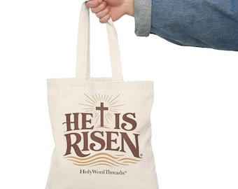 He Is Risen Tote Bag | Easter Cross Design, Christian Scripture