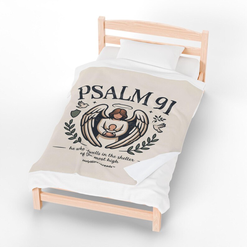 Psalm 91 Angel Illustration Blanket | Scripture Verse Sheltering Faith image 3